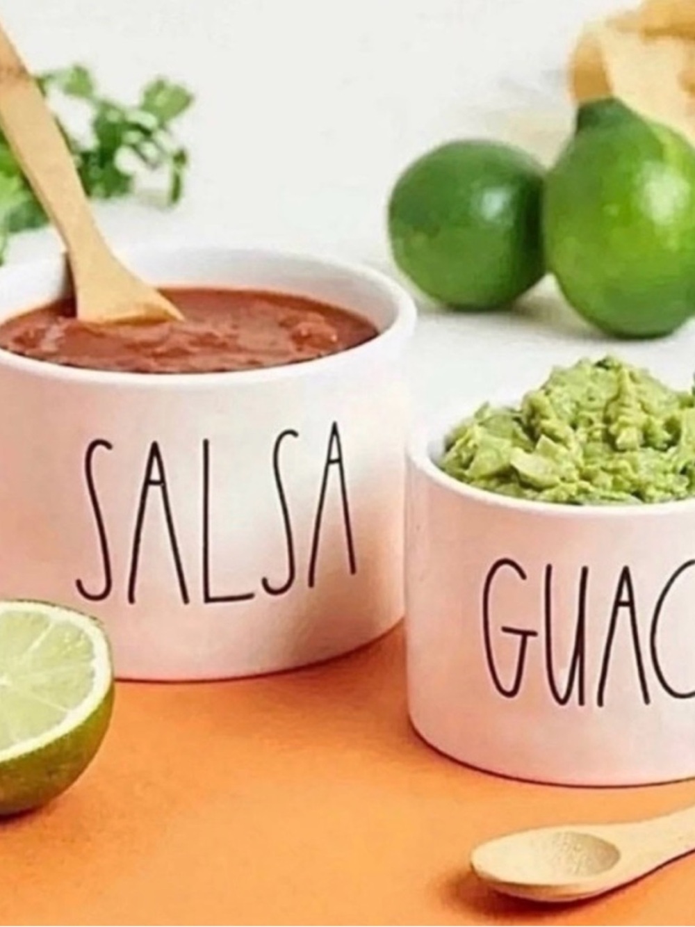 Rae Dunn White SALSA & GUAC Ceramic Bowls with Wood Spoons